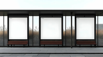 A minimalist bus stop with empty advertisement spaces and wooden benches.