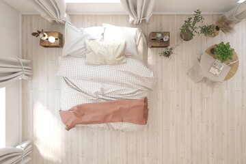 Top view of white bedroom concept. Scandinavian interior design. 3D illustration