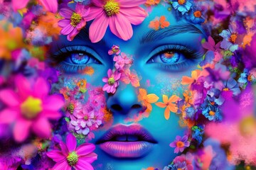 Woman face with flowers. Colorful background. Psychedelic digital art. Multicolored illustration of a woman face with generative ai