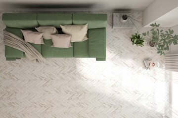 Top view of white bedroom concept with concrete floor. Scandinavian interior design. 3D illustration