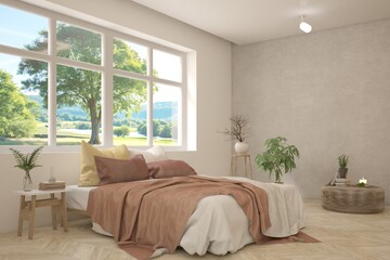 White bedroom interior design with summer landscape in window. Scandinavian interior design. 3D illustration