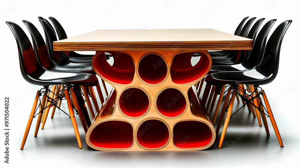 Poster a modern dining table with a unique base design and black chairs arranged around it.