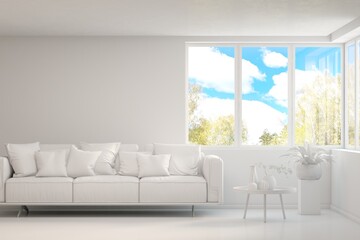 Grey living room concept with sofa and summer landscape in window. Scandinavian interior design. 3D illustration