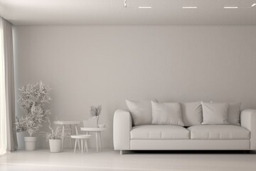 Grey living room concept with sofa. 3D illustration