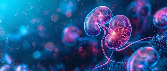 Digital illustration of kidneys, glowing blue background, medical and detailed