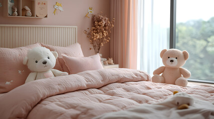 Two teddy bears on a pink bed in a child's bedroom. The bed is made with white and pink bedding.