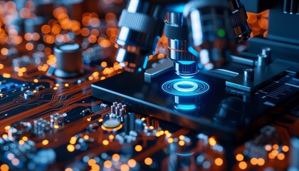 Digital microscope, blue light, detailed circuitry, modern and scientific