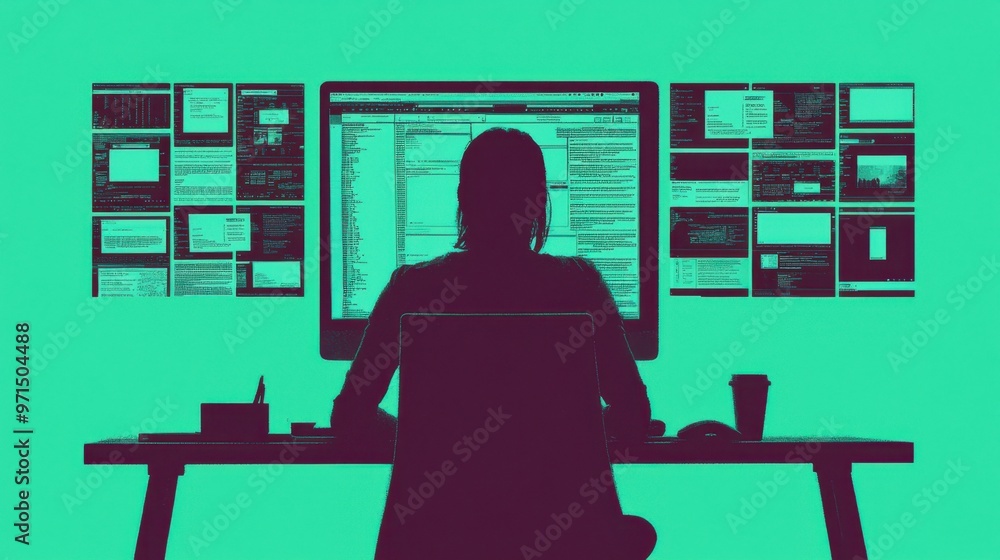 Poster a computer screen displaying endless tabs and notifications with a silhouette of a person sitting ov