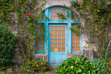 blue door in the former abbey of Landévennec, Brittany