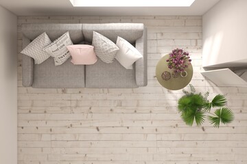 Top view of white bedroom concept with concrete floor. Scandinavian interior design. 3D illustration