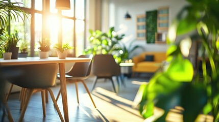 Sunny living room with plants and a wooden dining table, a yellow sofa, and large windows with a view of the city.