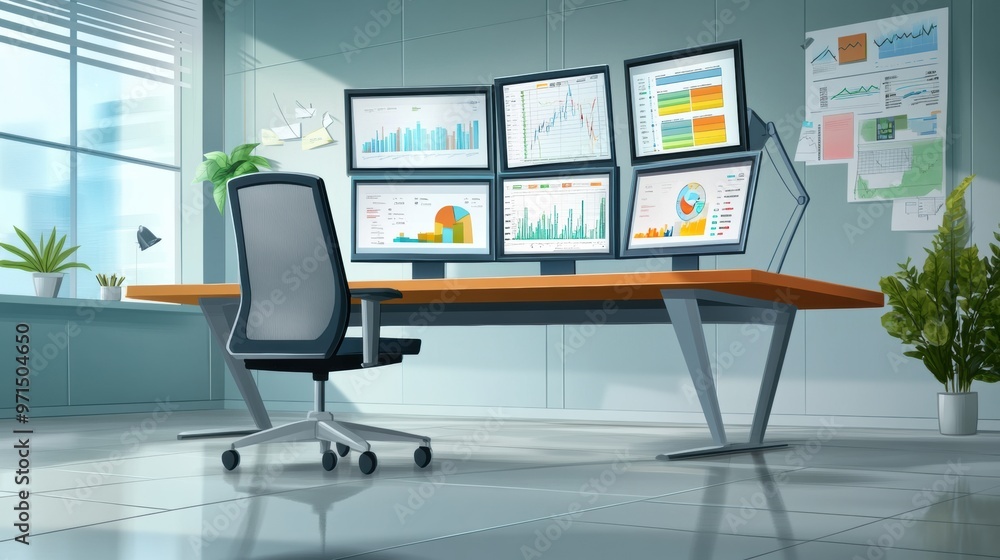 Poster a computer desk with multiple monitors and a chair in front of it, ai