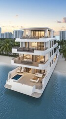 Obraz premium A stunning luxury yacht is moored off Miami Beach during sunset, showcasing its upscale design and a sunken pool area with panoramic views of the cityscape