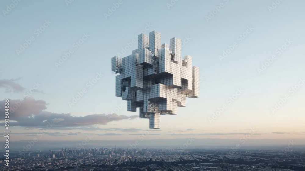 Poster a corporate skyscraper floating above a city, its foundation breaking apart into smaller cubes, whic