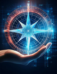 Hand Holding a Modern Compass Rose in Digital Overlay