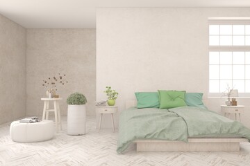 White bedroom concept. Scandinavian interior design. 3D illustration