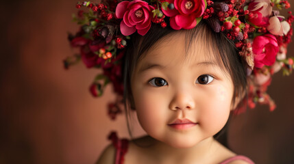 Fototapeta premium beautiful studio portrait of young Asian girl with flower headdress