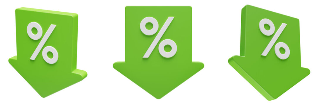 set of green 3d price tags arrow icon with percent sign on them