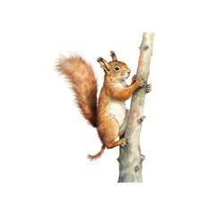 watercolor little squirrel climb tree branch vector illustration, white background © Bakhtiar Studio