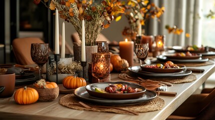 Fototapeta premium A stylishly set dining table with autumn themed dishes