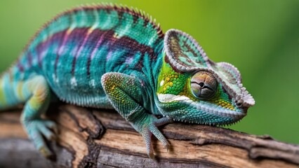 Fototapeta premium A vibrant chameleon resting on a branch, showcasing its colorful scales and unique features.