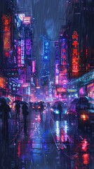 Neonlit city street, rainy night, cyberpunk style, futuristic and moody