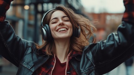 Woman wearing headphones and leather jacket