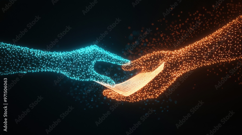 Poster a digital hand passing a glowing document across a virtual workspace to another hand from a differen