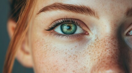 Fototapeta premium Close-up of a woman's green eye with freckles