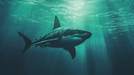 Fototapeta premium A great white shark swims beneath the sunlit water surface