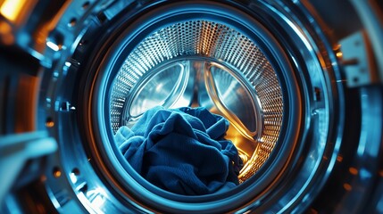 Inside a washing machine drum showcasing wet clothes being agitated during a washing cycle in bright LED lighting