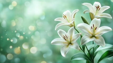 Lilies on Emerald Background. a cluster of lilies with speckled petals against an emerald green bokeh background. The flowers are in various stages of bloom.