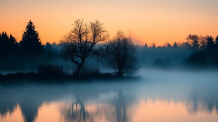 Fototapeta premium A scene featuring a body of water, backed by trees, and a fog-obscured mid-sky, dotted with trees in the foreground
