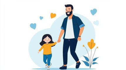 A father encourages his young daughter as she takes her first steps. His smile radiates pride and joy, celebrating her growth with positivity., flat design illustration