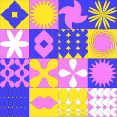 Trendy brutalist geometric bold pattern. Bauhaus inspired minimalist primitive block, brutalism simple shapes. Vector linear neon illustration