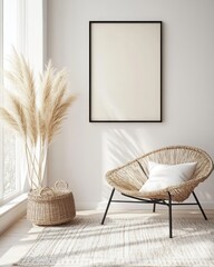 Elegant Bohemian Interior Decor with Mock-Up Frame in 3D Rendering