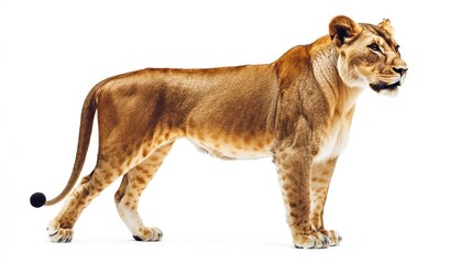 Fototapeta premium A Lioness Standing on a White Background, Looking Right