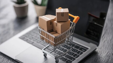 A miniature shopping cart filled with cardboard boxes sits on a laptop keyboard, symbolizing online shopping and e-commerce.