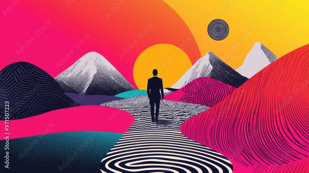 Aufkleber a figure standing at a crossroads, with one path leading to chaos represented by swirling abstract s