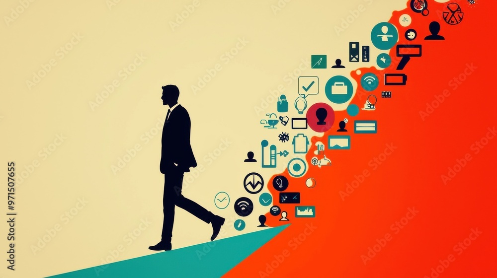 Aufkleber a figure walking along a digital pathway, with icons of different tools and resources lighting up al