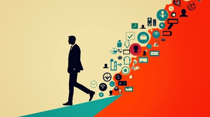 A figure walking along a digital pathway, with icons of different tools and resources lighting up along the way, representing a journey through the onboarding process