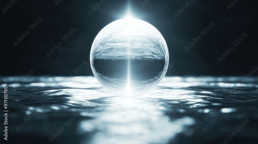 Poster a floating transparent sphere in the middle of a dark void, with light beams shining through it, rep