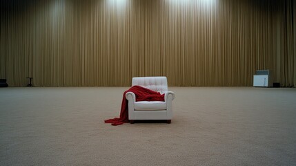 Naklejka premium A sleek white chair with a vibrant red blanket invites comfort in a spacious room featuring soft lighting and minimalist decor, offering a serene atmosphere