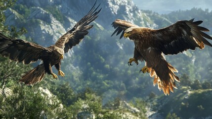 Two Golden Eagles Soaring Above a Mountainous Landscape