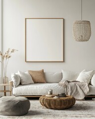 Nordic Boho Interior with Mock-up Poster Frame in Modern Living Room