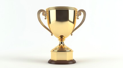 A classic golden trophy with two handles and a wooden base.