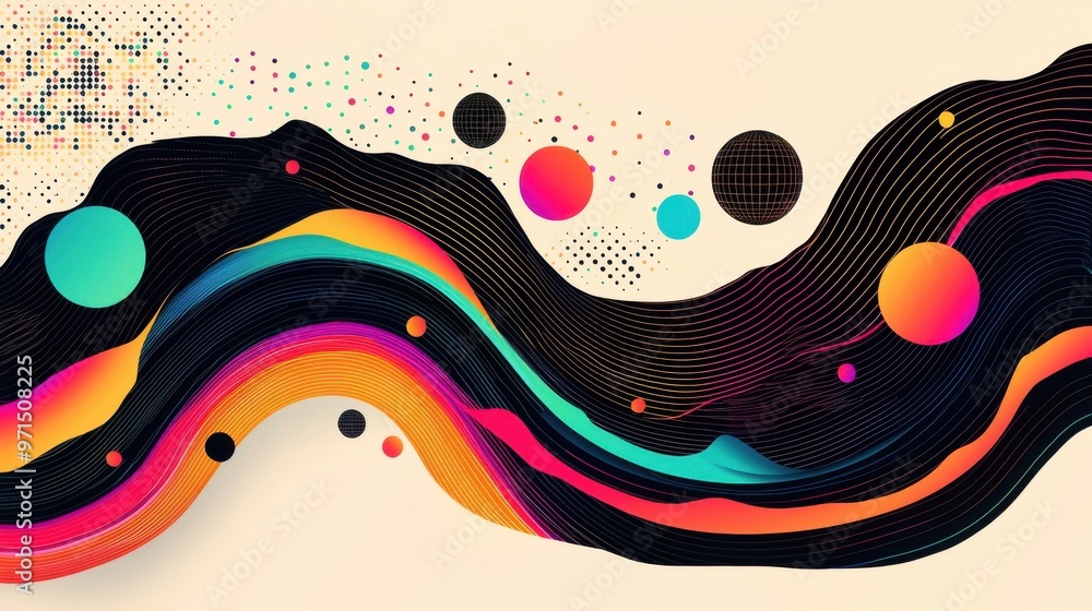 Poster a flowing river of abstract colorful shapes and technological icons, flowing through a structured gr