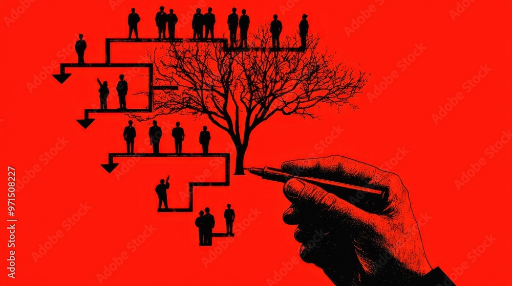 Aufkleber a flowchart where each step is controlled by a large hand holding a pen, while workers wait for inst