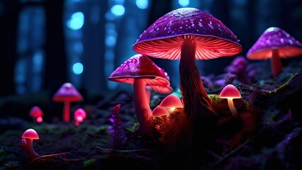 a surreal forest scene with neon glowing mushrooms, beautiful detailed mushrooms, magical mystical forest