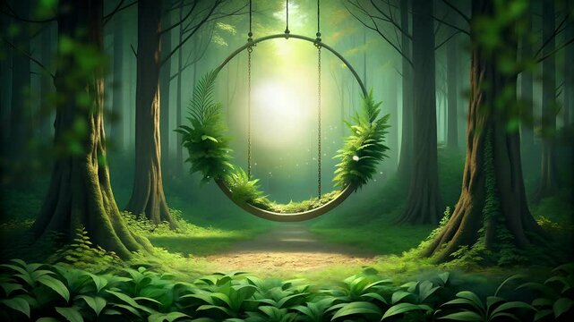 a circular frame hung with an iron chain covered in leaves and light in the middle and moving tree branches